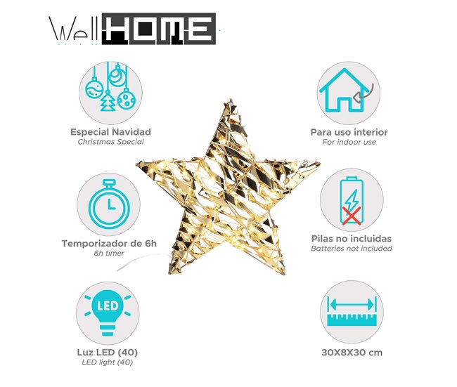 Decoración colgante con forma de estrella con 40 Luces micro LED Dorado