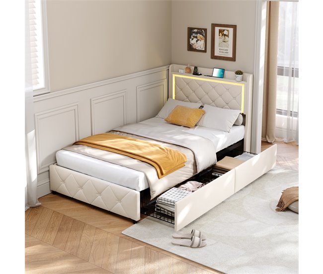 Cama LED, elevación gas, carga USB Beige