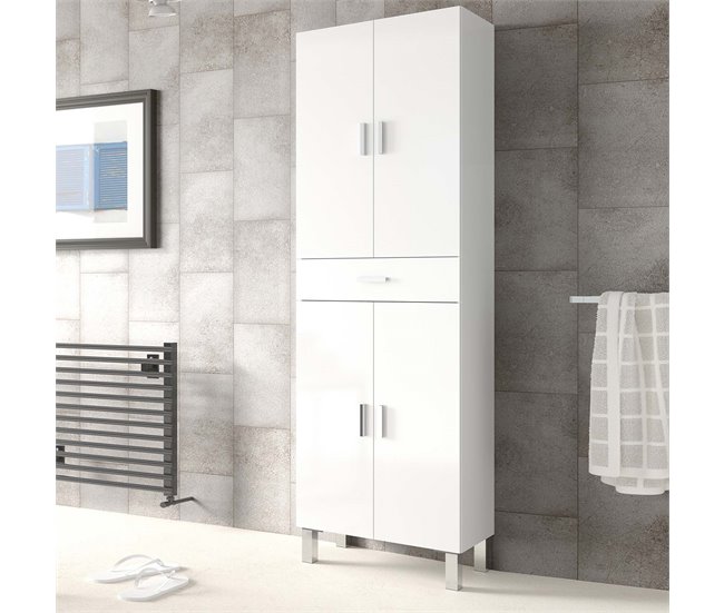 Armario baño Alan 4 puertas 1 cajón, Blanco brillo, 182 cm Blanco