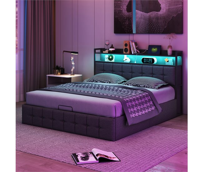 Cama LED RGB, USB-C, depósito gas, tela lino Gris