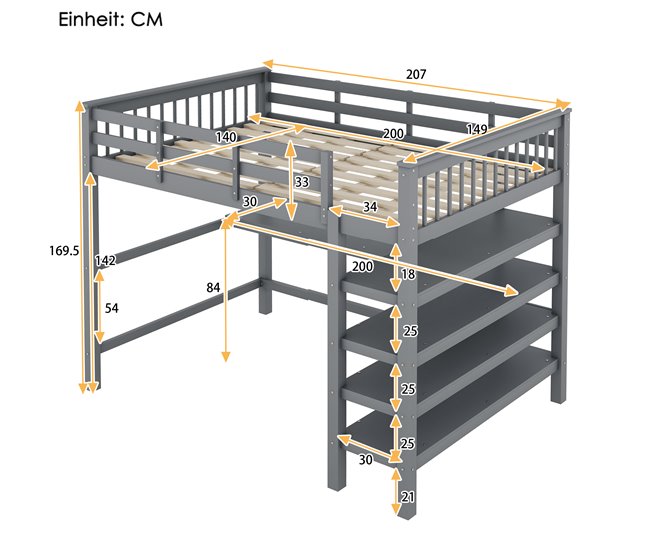 Cama alta para niños 149x207 Gris