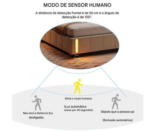 Cama tapizada, luces LED, espacio de almacenamiento Beige