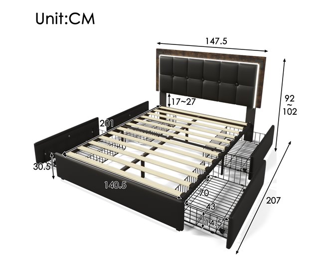 Camas de matrimonio 147x207 Negro