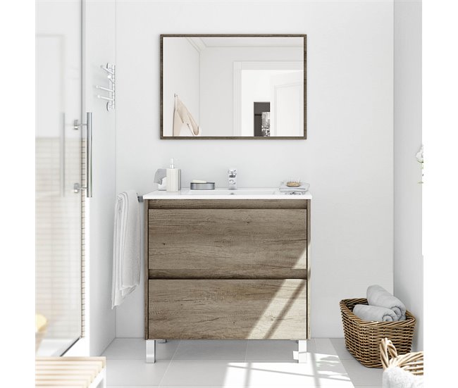 Mueble baño Devin 2 cajones, espejo y lavabo PMMA, Nordik Madera