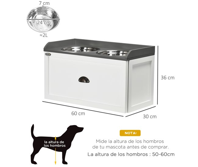 Comedero para Perros MDF, Acero Inoxidable PawHut Blanco