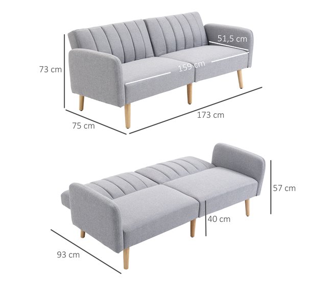 Sofá Cama de 2 Plazas Poliéster, Espuma, Madera de Caucho HOMCOM Gris