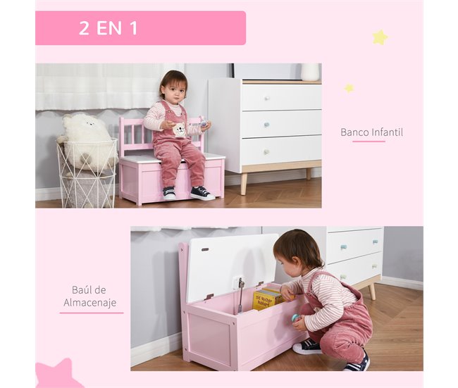 Baúl de Juguetes MDF, Madera de Pino HOMCOM Rosa