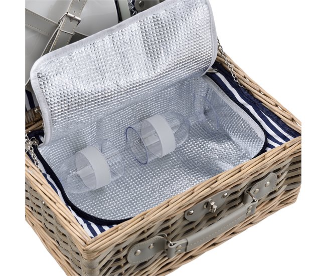 [casa.pro] Cesta de pícnic para 2 personas con nevera, cubiertos Blanco/ Azul