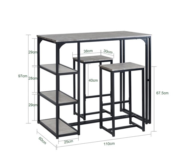 Set de Mesa alta de Bar y 2 Taburetes SoBuy OGT43-HG Gris