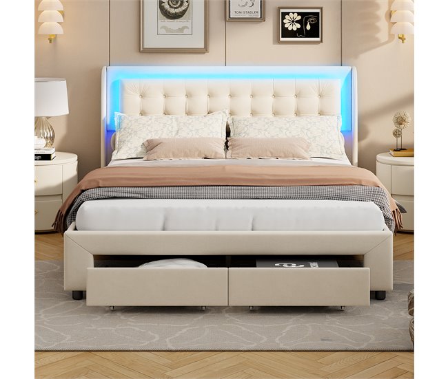 Cama, cajón, LED, USB, bolsa de almacenamiento. 185x203 Beige