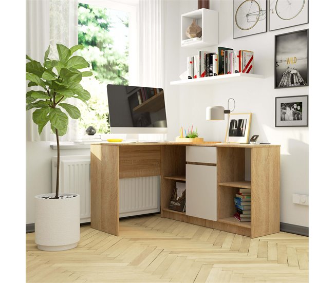 Escritorio esquinero B17 AKORD con 1 cajon 120x126 Blanco/ Madera
