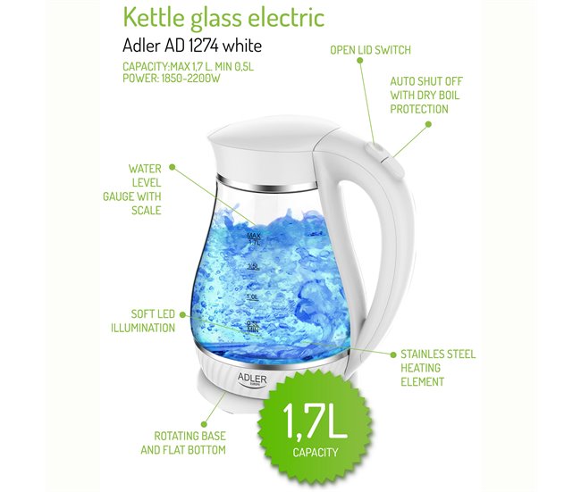 Hervidor de Agua Eléctrico Adler AD 1274W Blanco
