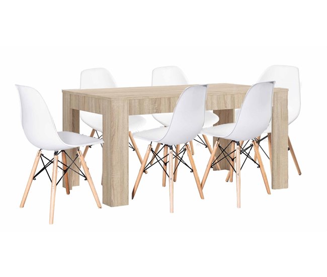 Mesa Extensible de Comedor o Cocina + 6 Sillas Estilo Nordico 178x80 Blanco