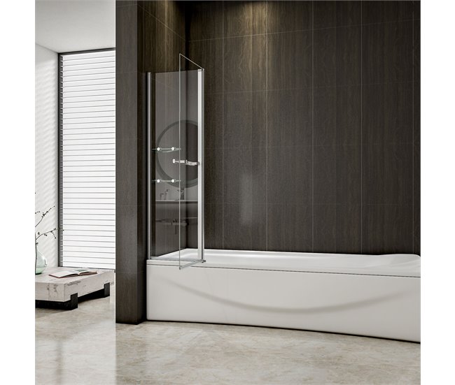 Mampara de Bañera Abatible Giratoria Vidrio Templado 6 mm Rectangular con 2 Repisas y un Toallero,Altura 140cm Blanco/ Gris