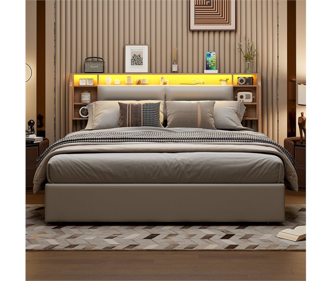 Cama tapizada doble juvenil con LED y almacenamiento hidráulico Blanco