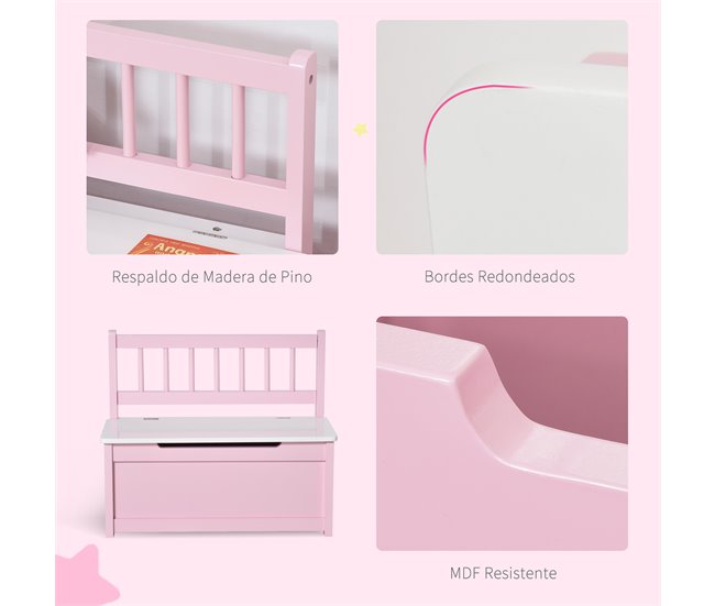 Baúl de Juguetes MDF, Madera de Pino HOMCOM Rosa