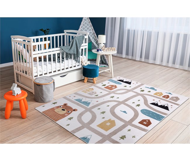 Alfombra FUN Polar para niños calles bosque 200x290 Crema