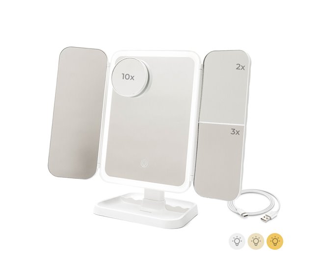 Espejo de Maquillaje Tríptico Recargable con Aumento y Luz LED Blanco