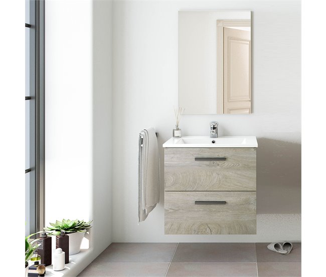 Mueble baño suspendido Alan 2 cajones, espejo y lavabo, Alaska Madera