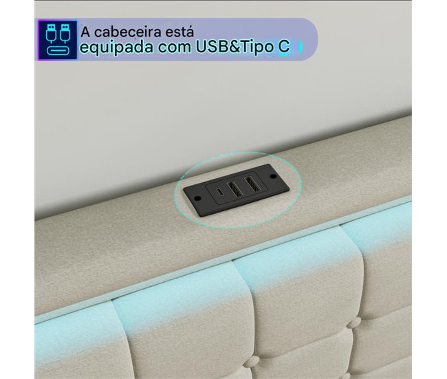 Cama, USB, Tipo C, Cama de Descanso, 4 Cajones, LED 148x213 Beige