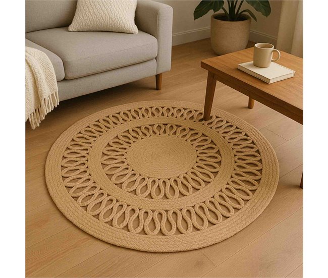 Alfombra redonda de yute trenzado - Diseño calado de 2 líneas Natural