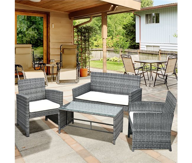 Muebles de Ratán Poliéster, Ratán PE, Vidrio, Metal Outsunny Gris