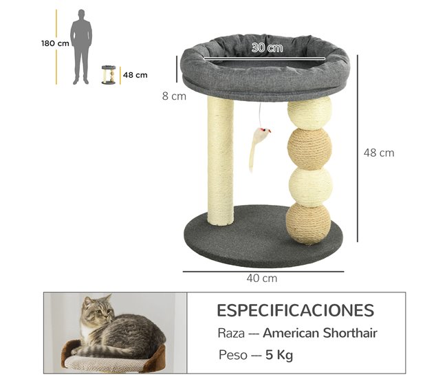 Árbol para Gatos Aglomerado de Madera, Poliéster, Sisal, Algodón Gris