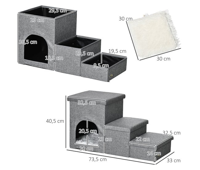 Escalera para Mascotas MDF, Lino sintético, Felpa, Algodón PP Gris