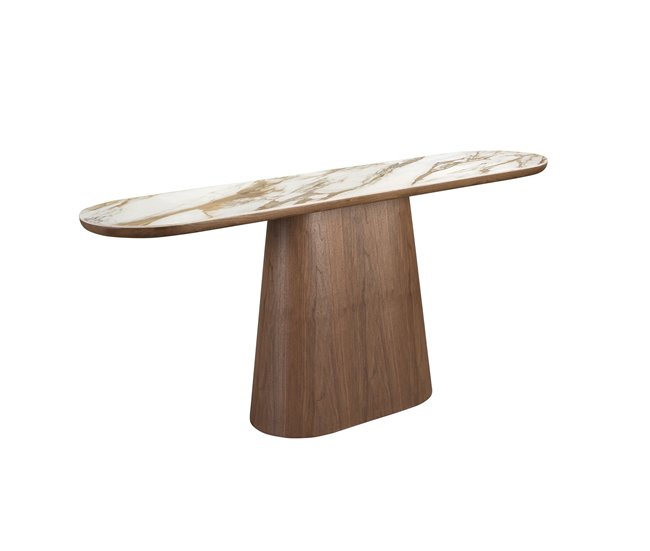 Consola ovalada medio punto mármol porcelánico Nogal