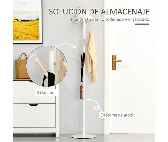 Perchero de Pie Metal, Madera Maciza HOMCOM Blanco