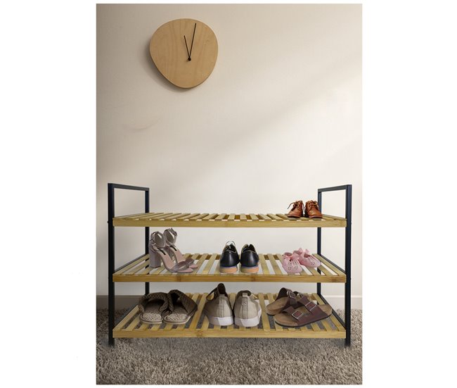 Acomoda Textil - Zapatero de Madera y Metal Amplio. (3 niveles) Negro/ Madera
