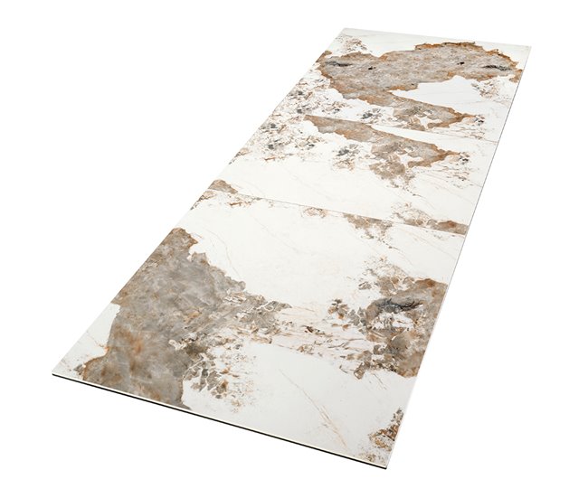 Mesa comedor extensible rectangular mármol porcelánico y acero color champagne Blanco/ Rojo