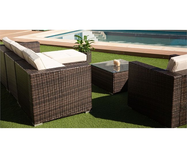 Sofa Chaise Longue + Sillon + Mesa de Ratan PE Marron