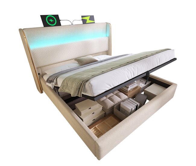 Cama con almacenaje de lino 173x221 Beige