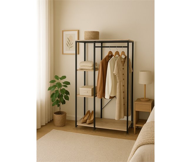 Armario Abierto Estilo Industrial con Barra y Baldas Negro