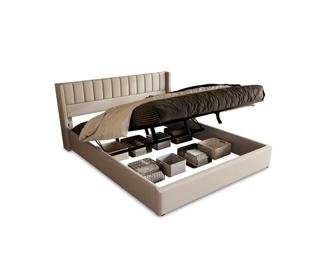 Conforama Cama de matrimonio de lino 140x200cm con almacenaje sin colchón beige