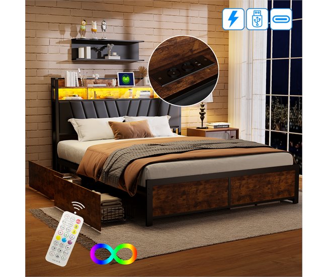 Cama de metal, USB, LED, 4 cajones 160x217 Multicolor