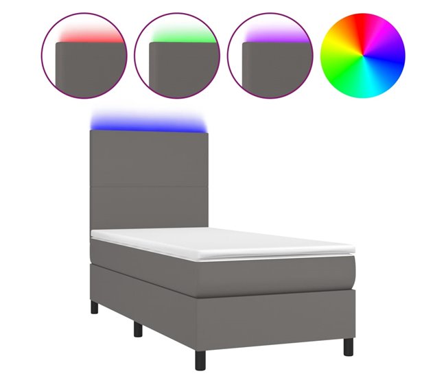 Conforama Cama box spring y colchón LED cuero sintético gris 90x200 cm Diseño plano