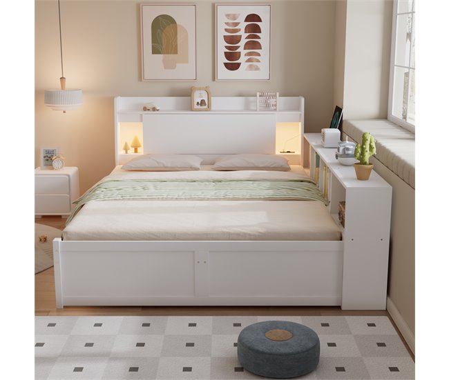 Cama juvenile de madera de pino con 2 cajónes 163x220 Blanco