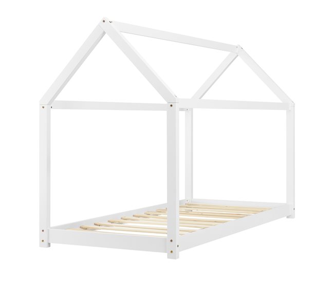 Cama infantil Netstal de madera pino Forma de casa 78x146 Blanco/ Beige
