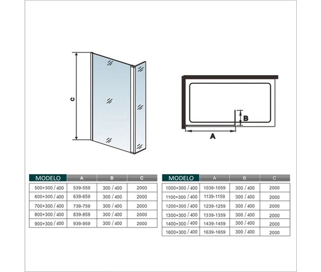 Walkin Panel de ducha Panel fijo + Lateral giratorio, Barra 