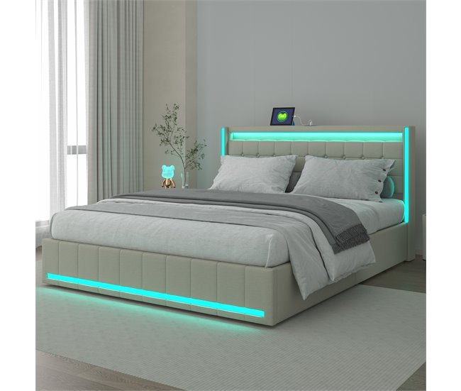 Cama, USB, cabecero LED, cama para adolescentes 148x213 Beige