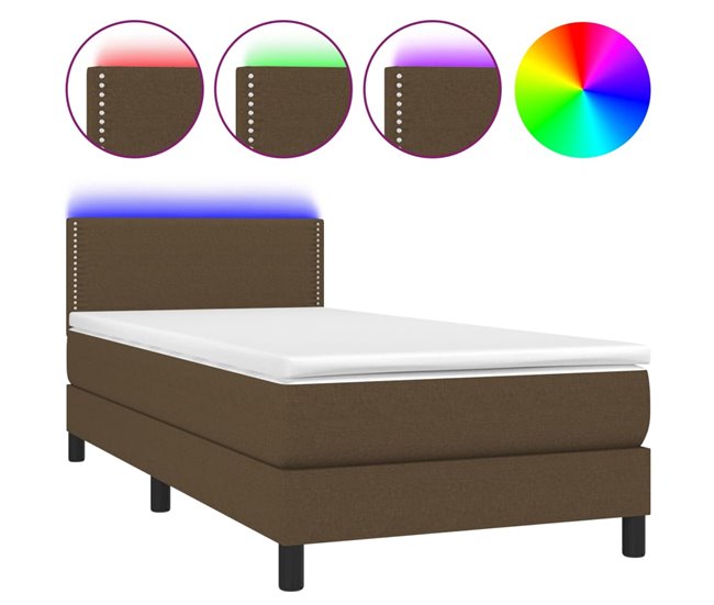 Conforama Cama box spring colchón y luces LED tela marrón oscuro 90x200cm Liso con clavos