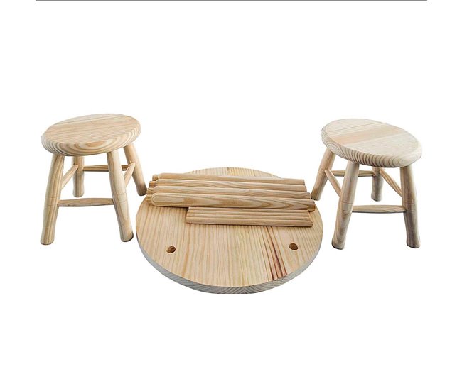 WELL HOME - Conjunto infantil (Mesa + 2 taburetes) en madera de pino Marron