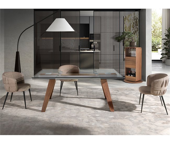ANGEL CERDA Mesa comedor extensible rectangular cristal templado y nogal 270x100 Nogal