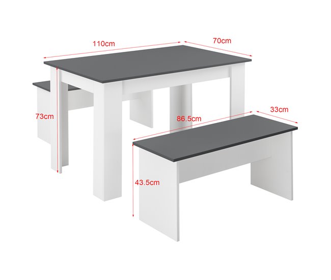 Conjunto de mesa de comedor + 2 bancos Hokksund aglomerado 110x70 Blanco