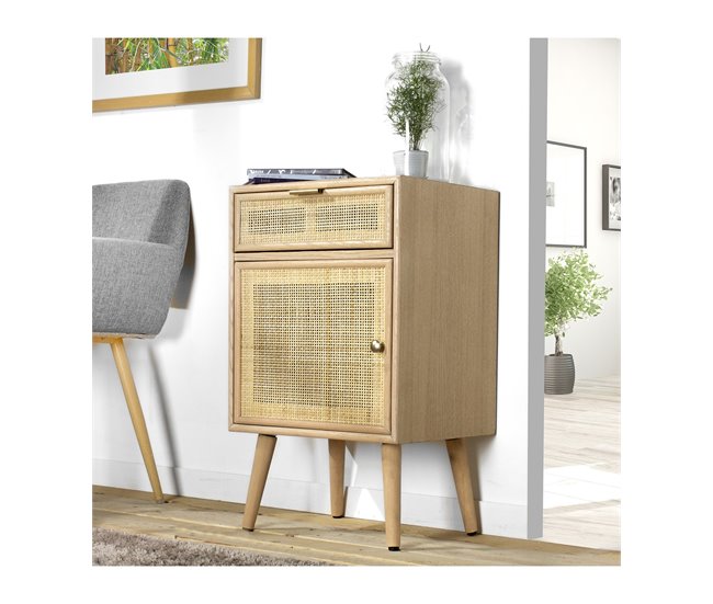 Mesita de noche con rejilla de ratán natural Madera