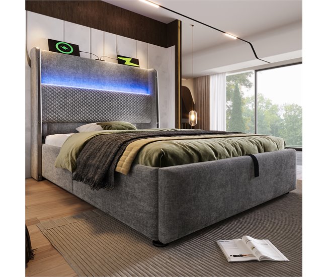 Cama con almacenaje de lino Gris