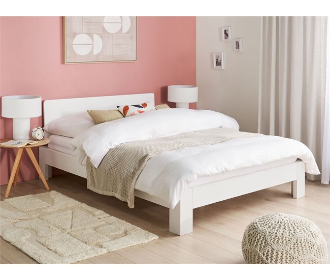 Beliani Cama con somier Madera de pino ROYAN 147x207 Blanco