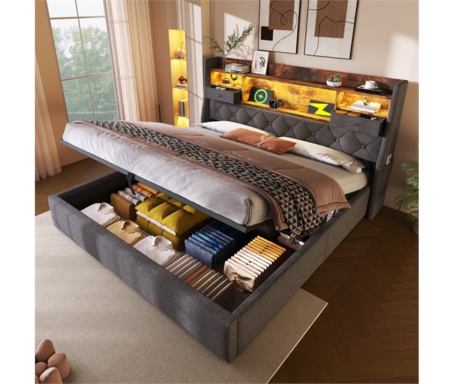 Cama de matrimonio de lino 193x221 Gris